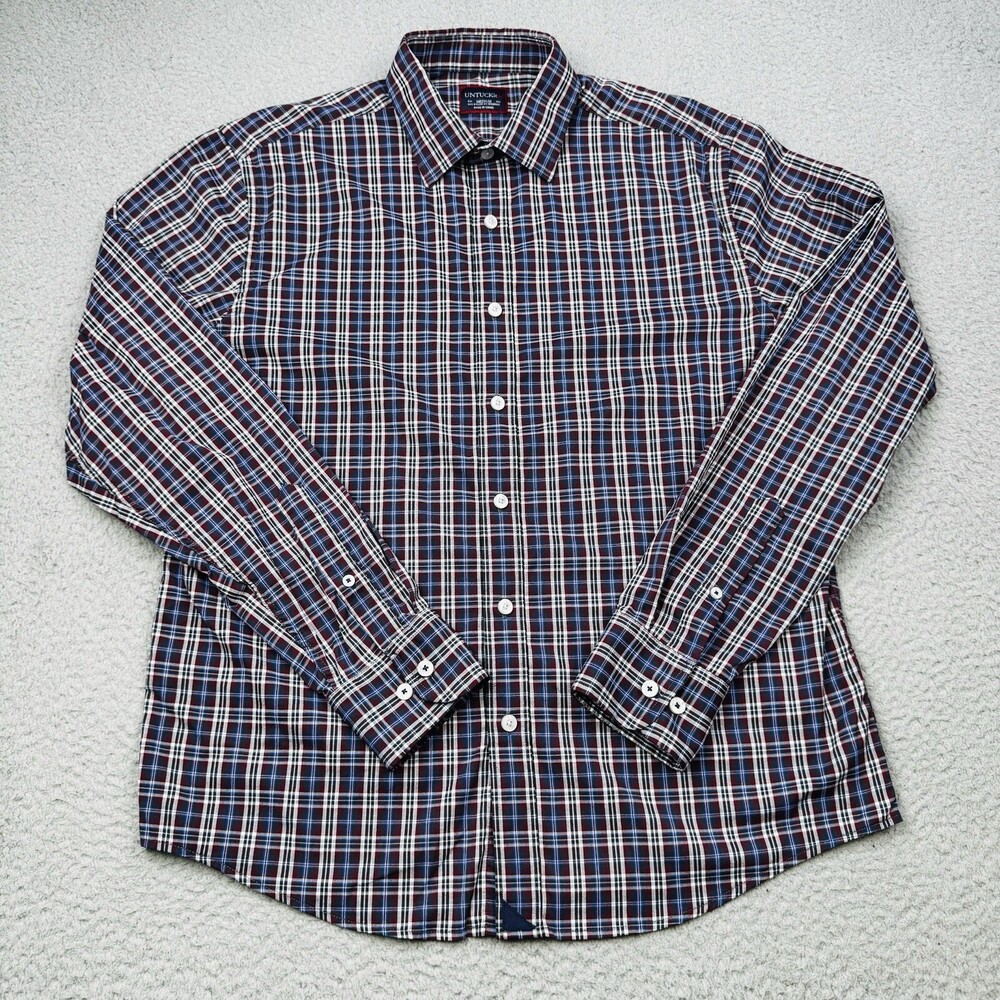 UNTUCKIT Shirt Mens Medium Red Blue Plaid Millbrook Stretch Casual No Wrinkle